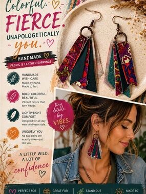 Colorful Fabric & Leather Fringe Earrings - Multicolor - Boho Jewelry - Handmade
